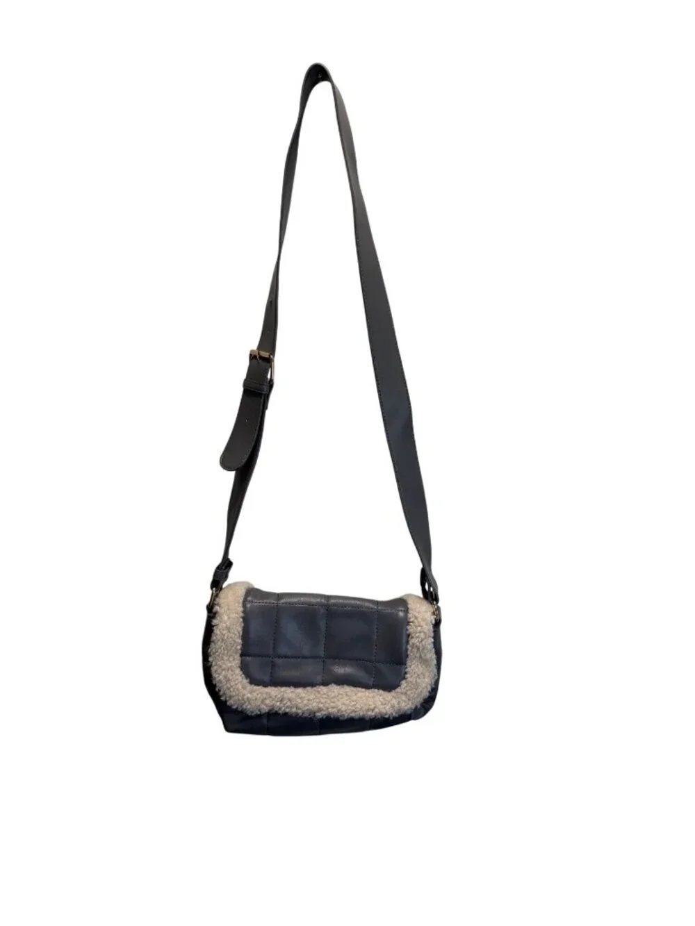 Like Dreams Gray Quilted Faux Leather Shoulder Bag With Shearling Trim & Adjusta